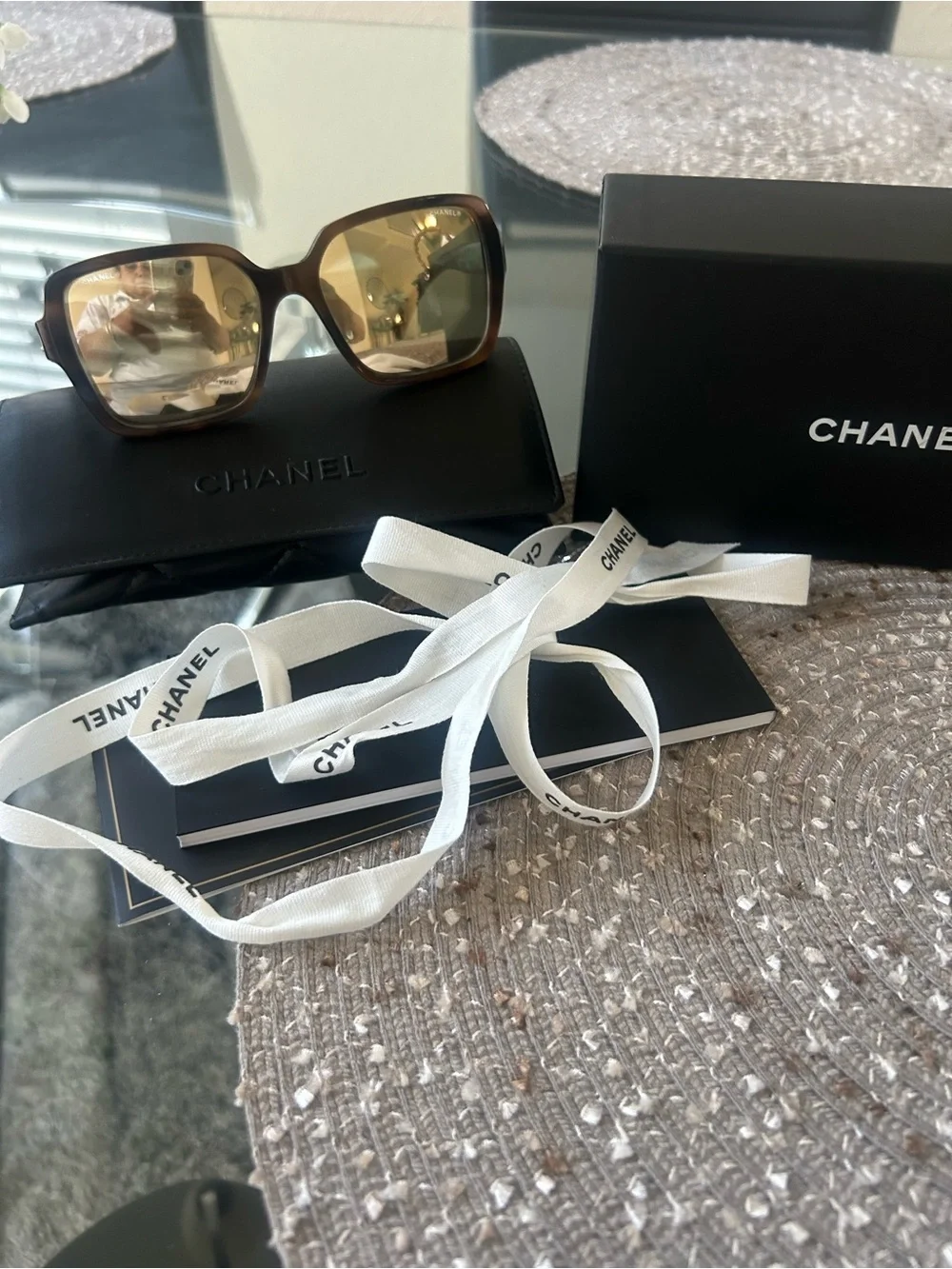 CHANEL Brown and Gold Logo Sunglasses